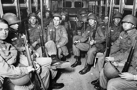 Ohio National Guard ride a bus to the Hough neighborhood, 1966 (Bill Nehez)