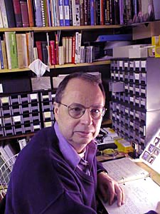 Walter Leedy with his postcard collection