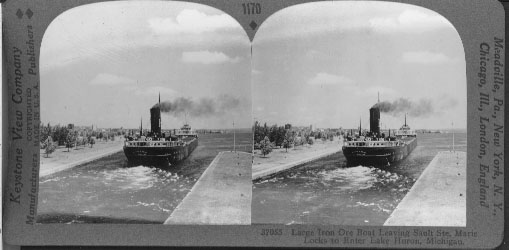 Large Iron Ore Boat Leaving Sault Ste. Marie Locks to Enter Lake Huron, Michigan
