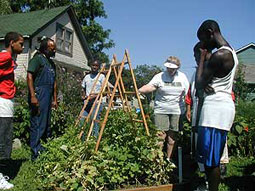Maurice Small of New Agrarian Center demonstrating how a trellis is used